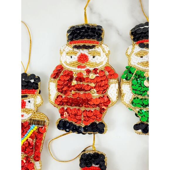Christmas Ornament Sequins And Beaded Soldiers 4" Handmade 90's Two Sided x6 Vtg - Picture 3 of 13